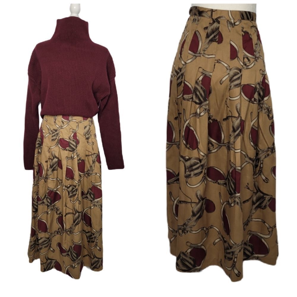 VINTAGE 70sΒ skirtβ tan pleatedβhorsebit print midi equestrianβM